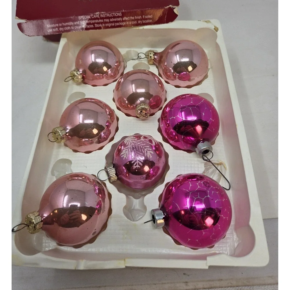 Rauch Victoria Collection 8 Vintage Pink Glass Christmas Ornaments Box USA